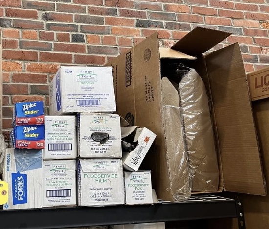 LOT OF ASSORTED PLASTIC & PAPER GOODS ON 1-SHELF