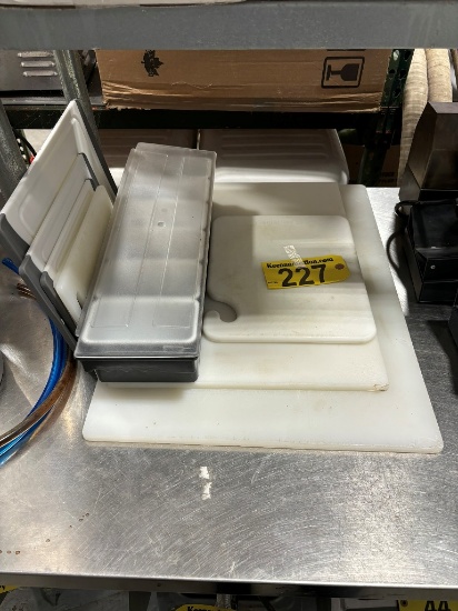 LOT: ASSORTED POLY CUTTING BOARDS, FRUIT CADDY