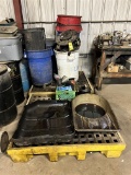 LOT: 9-ASSORTED TRASH CANS W/ 4-CADDIES, 2-WASTE CONTAINMENT BINS, FUNNELS