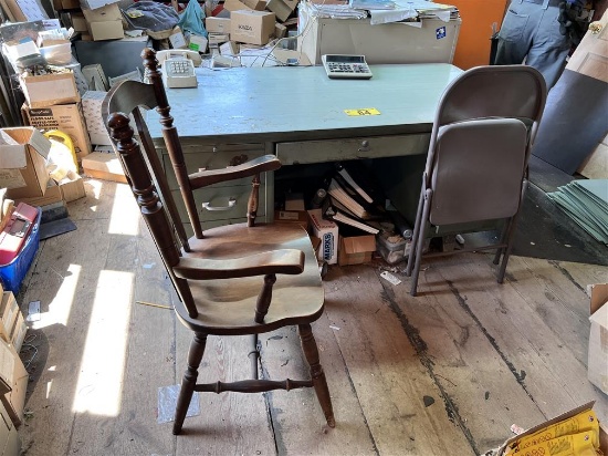 LOT OF FURNITURE: DESK, 2-CHAIRS, FOLDING CHAIR, 2-METAL LAWN CHAIRS, SHIPPING DESK, DRAFTING TABLE,