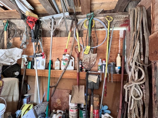 LOT: LONG HANDLED TOOLS & MISC. ON RIGHT SIDE WALL, SQUARE TIP SHOVELS, LANDSCAPE RAKE, SPADE,