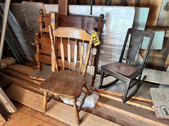 FURNITURE LOT: TWIN BED SET, SIDE CHAIR, CANE SEAT ROCKER