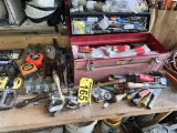 MISC. TOOL LOT & TOOLBOX & CONTENTS, LEATHER TOOL POUCH & TOOLS