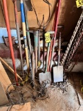 LOT: LONG HANDLED TOOLS, PICK AXES, SHOVELS, POLE SAW, PITCH FORKS, HOES,  CABLE CHOKERS, FUNNELS