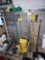LONG HANDLED TOOL LOT: BROOMS, SCRUB BRUSHES, MOP BUCKET W/ RINGER, MOP & TOOL EXTENSIONS