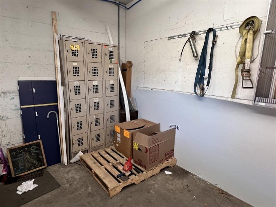 MISC. LOT: 18-DOOR LOCKER UNIT, RATCHET STRAPS & HAND TOOLS, 2-DRAWER FILE CABINET
