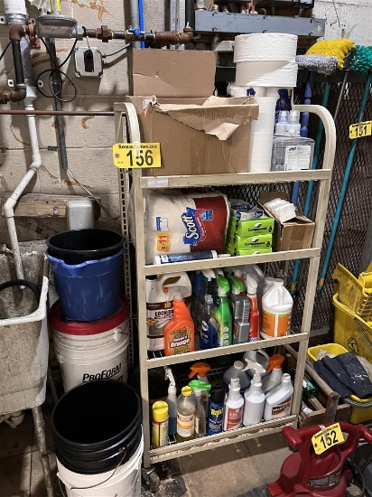 RACK & CONTENTS: CLEANING SUPPLIES & CHEMICALS, GLOVES, BATH TISSUE, 5-GAL. BUCKETS