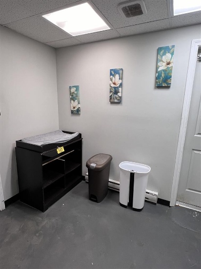 LOT: BABY CHANGING STATION, 3-PIECE WALL HANGING, 2-TRASH BINS