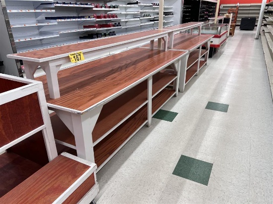 $BID PRICE X 3 - (3) PORTABLE 8' X 3' DOUBLE SIDED, CENTER RISER, WOODEN MERCHANDISERS