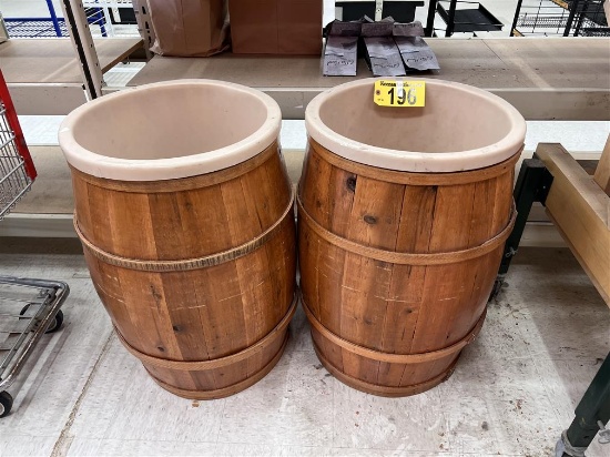 $BID PRICE X 2 - (2) BARREL PRODUCE DISPLAYS W/ BRADBURY BARREL CO TL-20 20" POLY BARREL LINERS