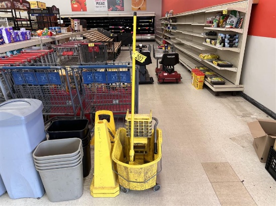 LOT: RUBBERMAID MOP BUCKET W/ RINGER, MOP & 4-WET FLOOR SIGNS