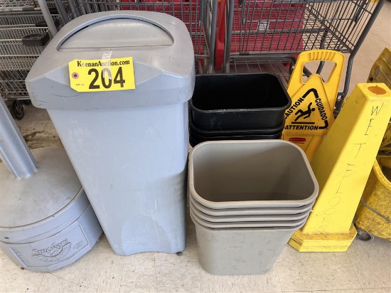 LOT OF 11-ASSORTED TRASH BINS, 1-WITH LID