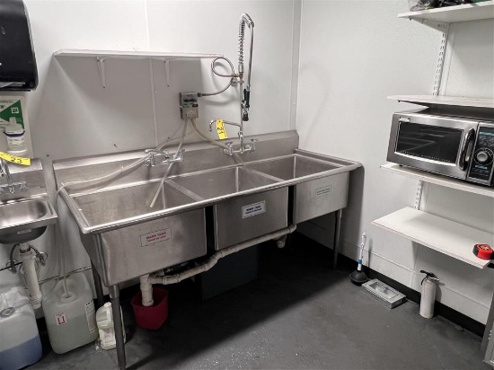 77" X 29" S/S 3-COMPARTMENT SINK W/ SPRAY NOZZLE & DEMA SANITIZER DISPENSER