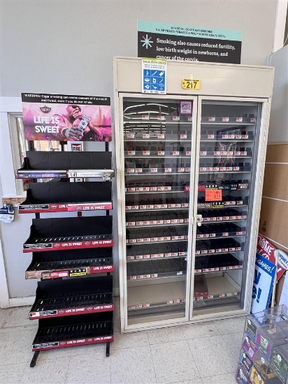 LOT: 2-DOOR GLASS FRONT METAL TOBACCO MERCHANDISER CABINET, 48"W X 19"D X 85"H, & DISPLAY RACK