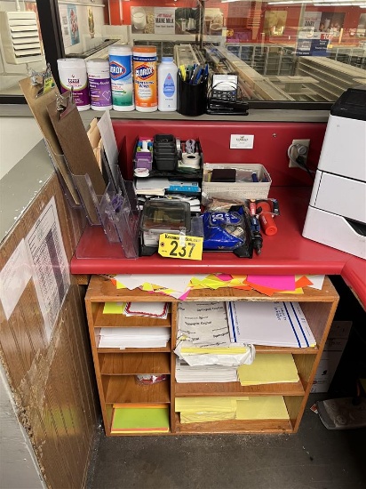 LOT OF MISC. OFFICE SUPPLIES, PAPER FILE & CONTENTS, CLEANING SUPPLIES
