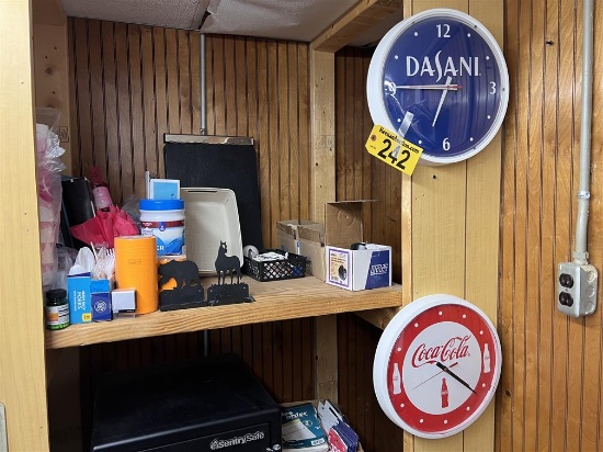LOT: 2-WALL CLOCKS & MISC. OFFICE SUPPLIES ON 3-SHELVES