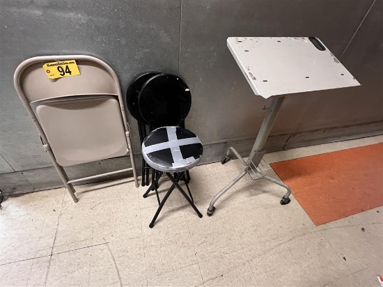 LOT: METAL FOLDING CHAIR, 3-FOLDING STOOLS, PORTABLE WORK TABLE/STAND