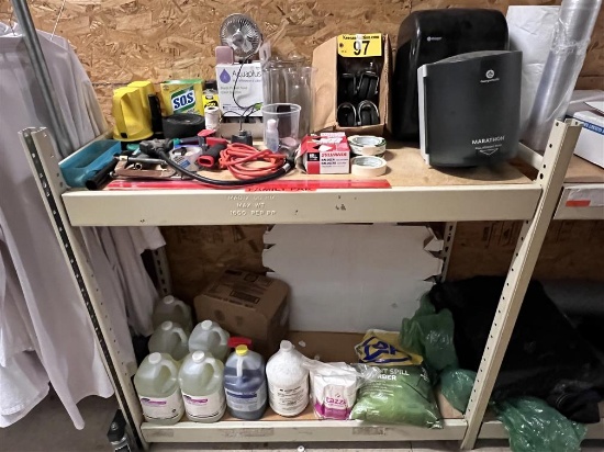 LOT: CLEANING CHEMICALS, HEAVY DUTY CASTERS, PAPER TOWEL DISPENSER, HAND TOOLS