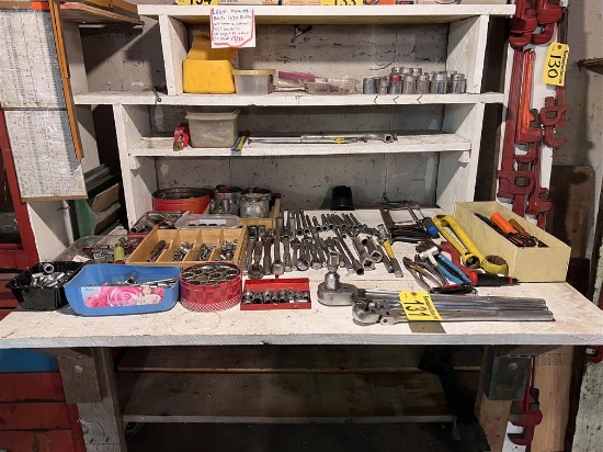 CONTENTS ON WORK BENCH: RATCHET WRENCHES, ASSORTED SOCKETS & HAND TOOLS