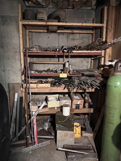 CONTENTS ON 5-SHELVES: THREADED ROD, STEEL STOCK, GALVANIZED NAILS, AMMUNITION BOXES