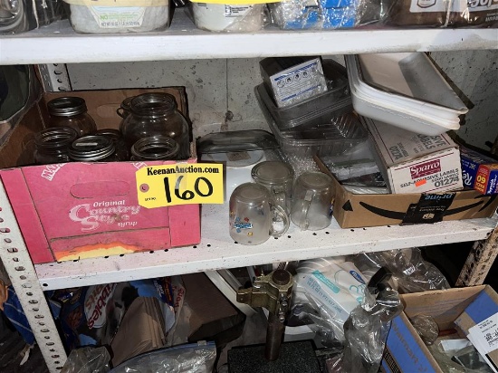 LOT OF MISC. GLASSWARE, MASON JARS, OFFICE SUPPLIES