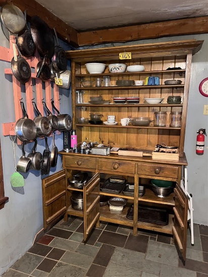 CONTENTS OF CHINA HUTCH, WALL MOUNT POT RACK & POTS: