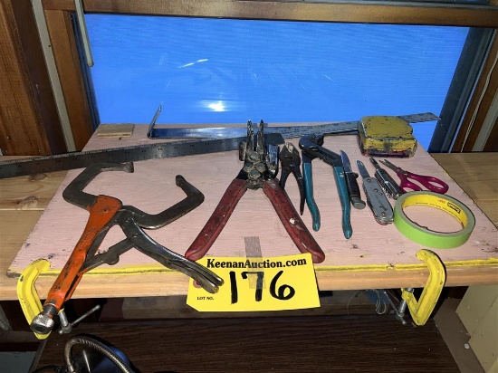 MISC. TOOL LOT: VISE GRIP, C-CLAMPS, PLIERS, BOX CUTTERS, FRAMING TOOLS, MEASURING TAPE