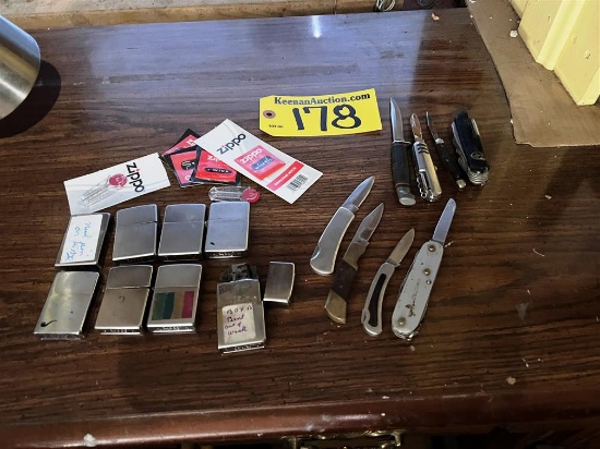 LOT OF 8-ASSORTED ZIPPO LIGHTERS W/ REPLACEMENT FLINT, & 8-ASSORTED POCKET KNIVES