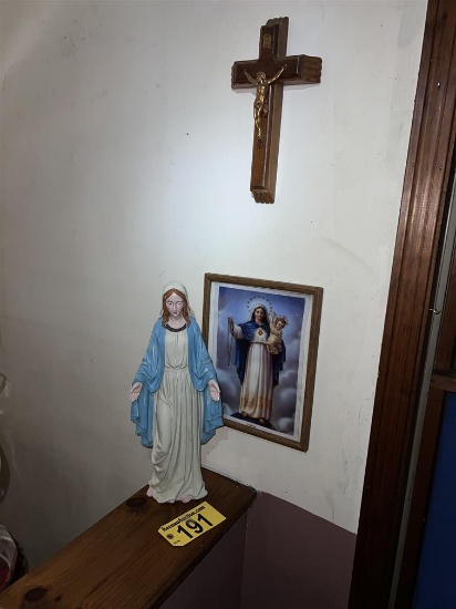 LOT: MOTHER MARY STATUE, RELIGIOUS PRINT & WOODEN WALL CRUCIFIX