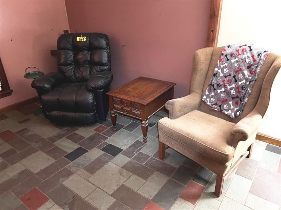 7-PC FURNITURE LOT: SOFA, LOVESEAT, RECLINER, ARM CHAIR, (2) 2-DRAWER SIDE TABLES, PEDESTAL ASHTRAY