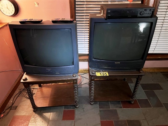 LOT: 2-PC END TABLE SET W/ SANYO & SHARP TELEVISIONS