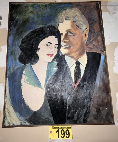FRAMED CANVAS OIL PAINTING: MONICA LEWINSKY & BILL CLINTON