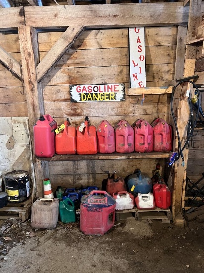 LOT OF 15-ASSORTED FUEL CANS W/ GAS PUMP LINE