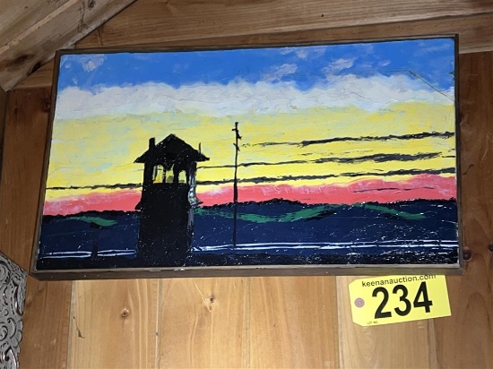 FRAMED CANVAS OIL PAINTING: RAILROAD SUNSET