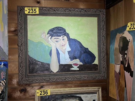 FRAMED CANVAS OIL PAINTING: WOMAN DRINKING & SMOKING