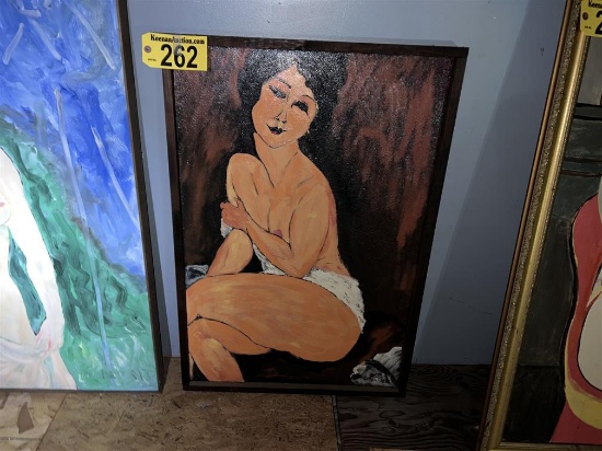 FRAMED CANVAS OIL PAINTING: NUDE SEATED WOMAN