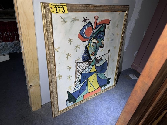 FRAMED CANVAS OIL PAINTING: REPLICA OF PABLO PICASSO'S SEATED WOMAN IN BLUE AND RED HAT