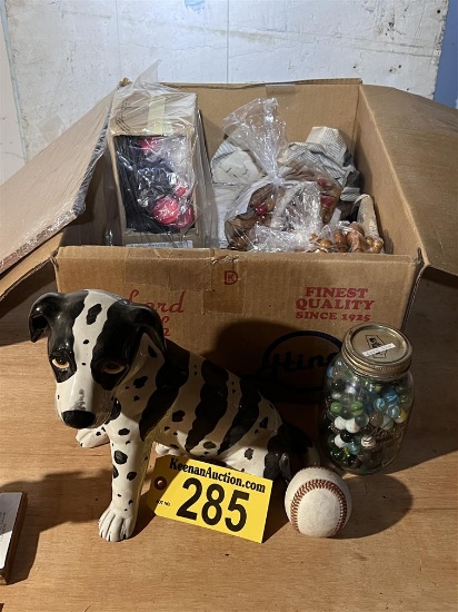 LOT: STONEWARE DALMATIAN STATUE, MARBLES, BASEBALL, LARGE CHECKERS/CHESS GAME SET