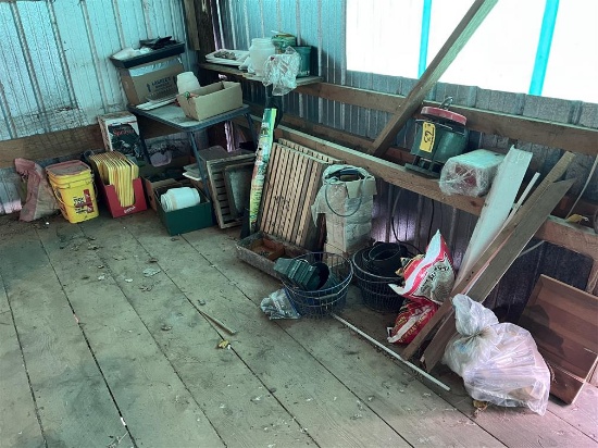 CONTENTS IN CORNER: GARDENING TOOLS & SUPPLIES, FENCE CHARGER, SPRAYERS, MISC.