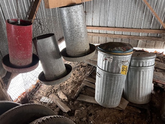 LOT: 4-GALVANIZED TRASH CANS, 18-ASSORTED BIRD FEEDERS