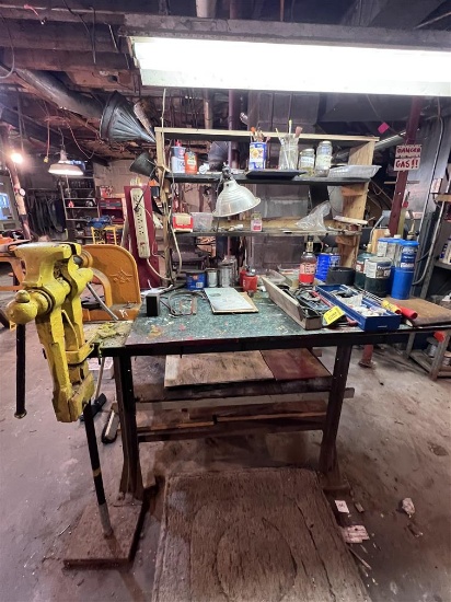 WORK BENCH & CONTENTS: SOLDERING IRON, PLUMBING TOOLS, TORCHES, MISC.
