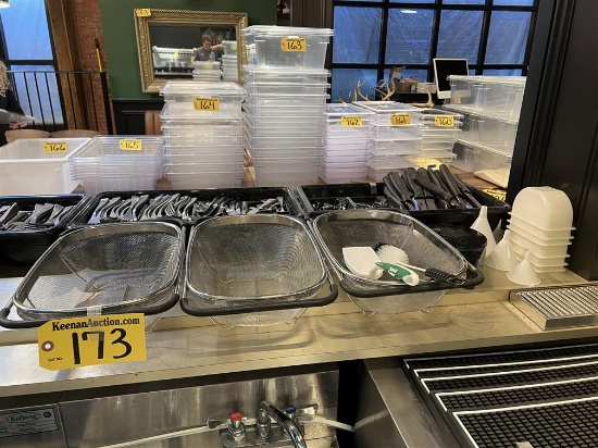 MISC. BAR LOT: 3-SINK STRAINERS, 2-BRUSHES, MARGARITA SALTER, 3-FUNNELS, 6-FRUIT CADDY INSERTS