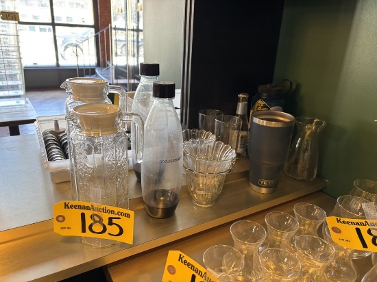 MISC. LOT OF GLASSWARE, SODA STREAM BOTTLES, YETI, VASE, GLASS PITCHERS