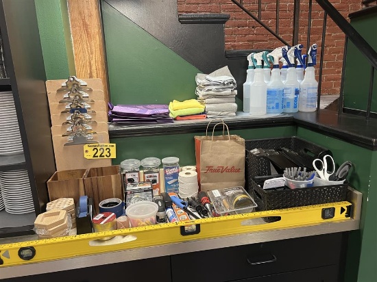 MISC. LOT: HAND TOOLS, OFFICE SUPPLIES, CHECK HOLDERS, CLEANING SUPPLIES, MISC. HARDWARE