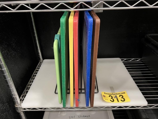 BID PRICE X 7 - (7) ASSORTED CUTTING BOARDS W/ STORAGE RACK