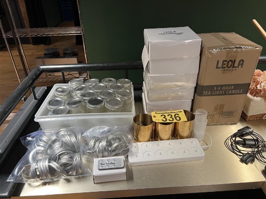 LOT: LEOLA 5-6 HOUR WAX TEA LIGHTS W/ GLASS HOLDERS, ELECTRIC TEA LIGHT CHARGER