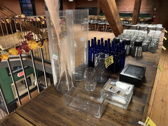 LOT OF ASSORTED GLASSWARE DÉCOR: 15-WINE BOTTLES, TEA BOX, 4-ASSORTED VASES