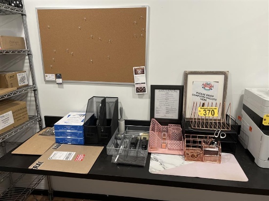 LOT OF MISC. OFFICE SUPPLIES & ORGANIZERS, PIN BOARD, DRY-ERASE BOARD