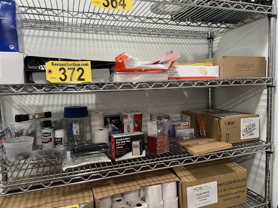 LOT OF ASSORTED OFFICE SUPPLIES ON STORAGE RACK: