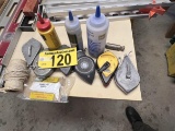 LOT: CHALK LINES W/ CHALK & STRING, LEVELING TOOLS